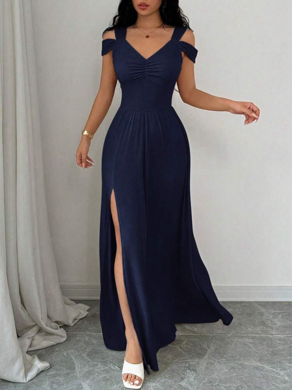 SHEIN Navy Cold-Shoulder V-Neck Maxi Dress women's x-large